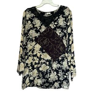 Vintage Carole Little Floral Tunic Top Black Cream Roses 94% Rayon Size 10